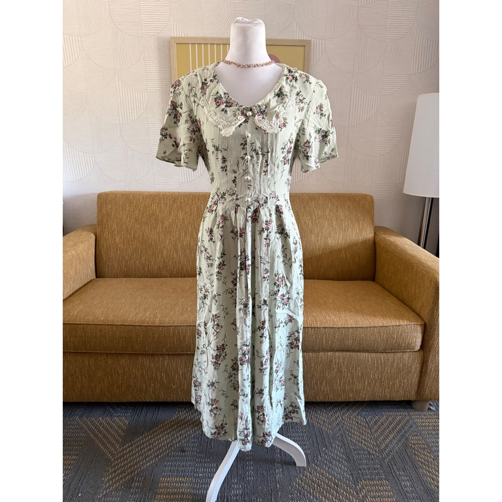 SL Fashions Vintage Floral Midi Dress Sage Green Lace Collar Cottagecore USA